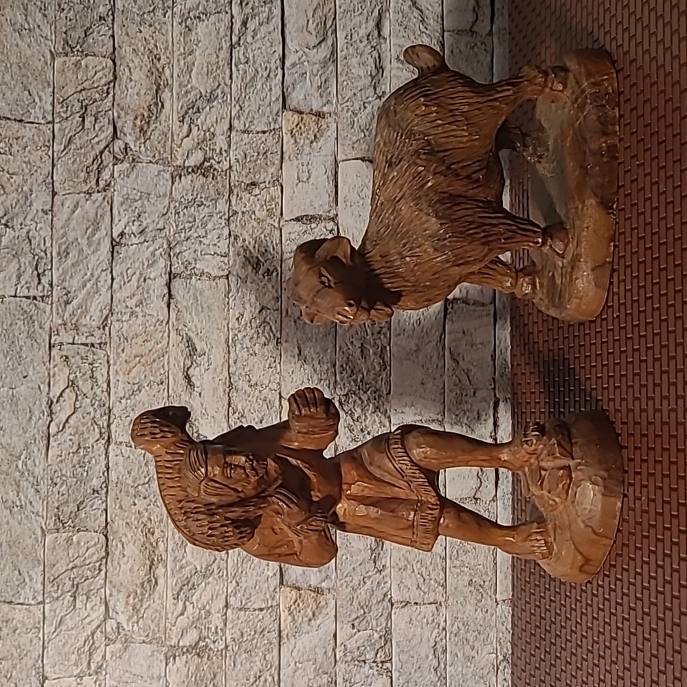 Hand Carved Sheep Herder With Lamb On Shoulders & Standing Sheep